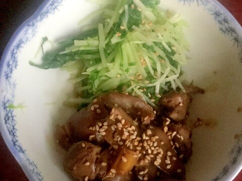 鶏レバーと砂肝の甘辛煮with水菜。